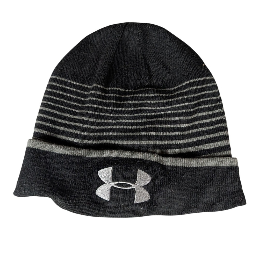 Under Armour Mens Striped Knit Beanie Hat Black Grey Embroidered Logo Cuffed